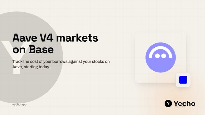 Promotional graphic reading 'Aave V4 markets on Base' with the Yecho app branding.