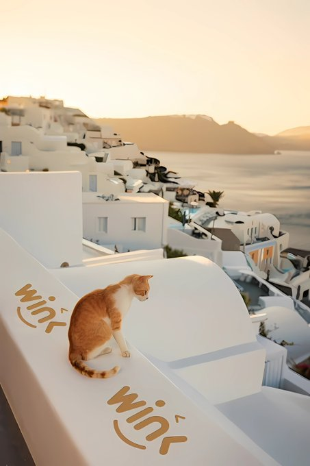 An orange and white cat sits on a white ledge labeled "WIN" overlooking white Mediterranean-style buildings and a calm sea at sunset.