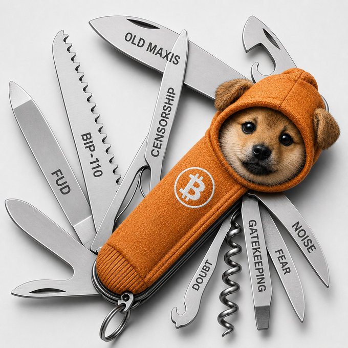 A Swiss Army knife with a puppy in an orange Bitcoin hoodie has its tools extended, each labeled with names including 'OLD MAXIS', 'CENSORSHIP', 'BIP-110', 'FUD', 'DOUBT', 'GATEKEEPING', 'FEAR', and 'NOISE'.