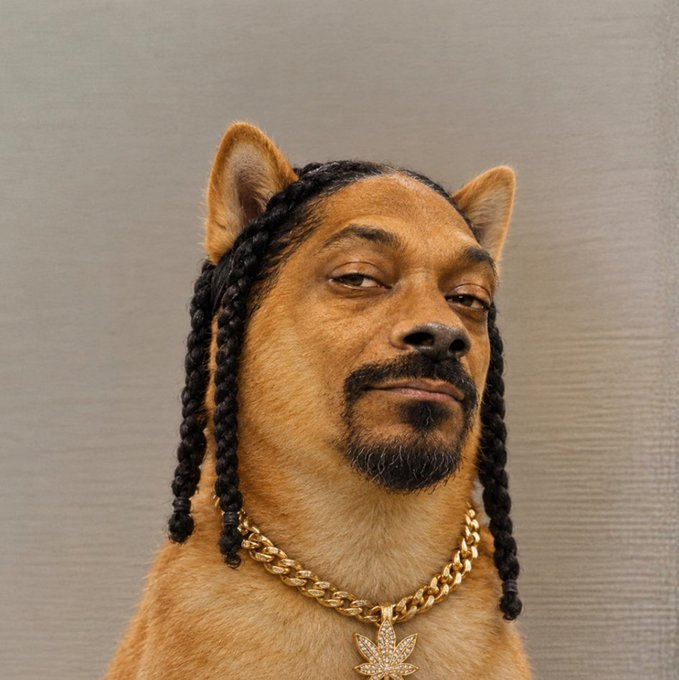 An AI-edited portrait showing a man with Snoop Dogg's face seamlessly blended onto a Shiba Inu dog's body, complete with braided hair extensions and a gold chain with a leaf pendant.