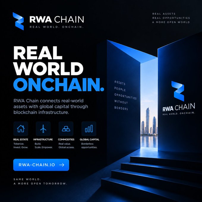 Promotional graphic for 'RWA Chain' with the tagline 'Real World. Onchain.' featuring a blue portal opening to a city skyline, and text mentioning 'Assets, People, Opportunities Without Borders' and categories like Real Estate, Infrastructure, and Commodities.