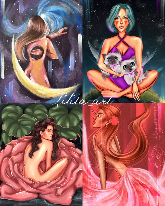 A four-panel digital art collage signed 'Lilila_art' featuring stylized women, including one holding two cats on a moon, and another sitting inside a pink rose.