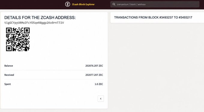A screenshot of the Zcash Block Explorer showing details for address t1gGCYpyURMo2FcYDSqeRBgpg2Kx9rnT72V, displaying a balance of 202076.207 ZEC and a QR code.