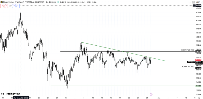 A TradingView 4-hour candlestick chart of Binance Coin (BNB)/TetherUS (BNBUSDT) Perpetual Contract showing price action within a descending triangle pattern, with key horizontal support levels labeled 'MONTHLY VAL_JULY' and resistance at 'MONTHLY VAH_JULY'.