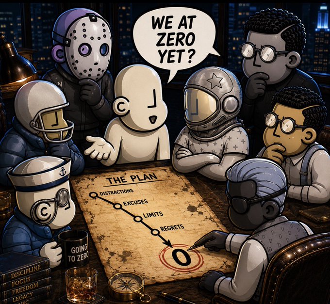 "We are at zero yet?" is the text displayed above a group of cartoon figures sitting around a table. The characters include individuals with different outfits, one wearing an eye patch and holding a glass or bottle. Some other elements present in the scene are a cup, a book, and a clock on the wall behind them. The post refers to the trading volumes of NPC (NPCs) in the Second Week of their birth and talks about how many NPCs remain at that price. This indicates a decrease over time, which is the main point made by the cartoon characters.