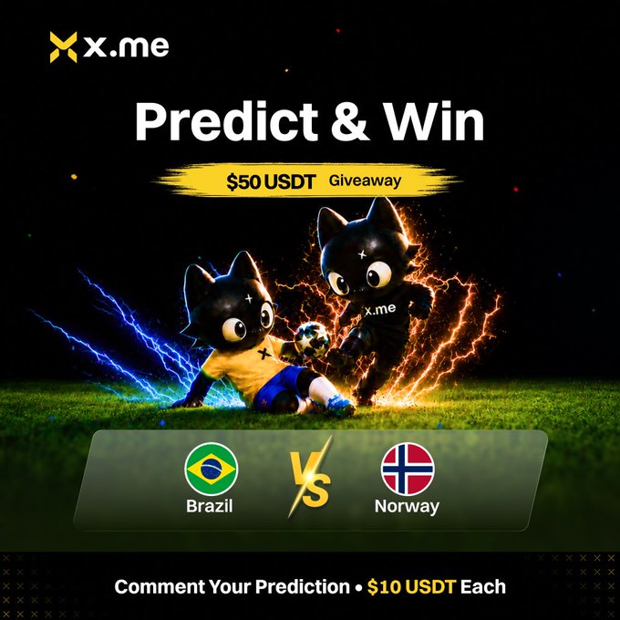 A promotional graphic for X.me's "Predict & Win" $50 USDT giveaway features two cartoon black cats facing off in a soccer match on a fiery field, with Brazil vs Norway flags displayed below. The caption "$10 USDT Each" and the post text confirm participants can win by predicting the match outcome in the comments.
