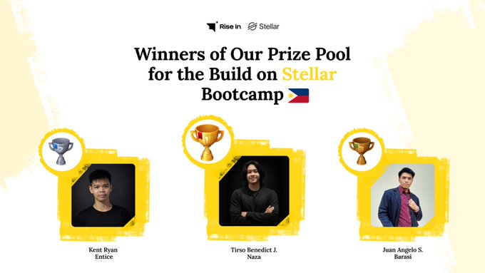 The image features a poster with three framed photos of people, each wearing a tie, celebrating their achievements at the Build on Stellar Bootcamp. The text on the poster congratulates them for winning the prize pool, which includes trophies and medals. The poster also mentions that there are more bootcamps and opportunities available in the Philippines.