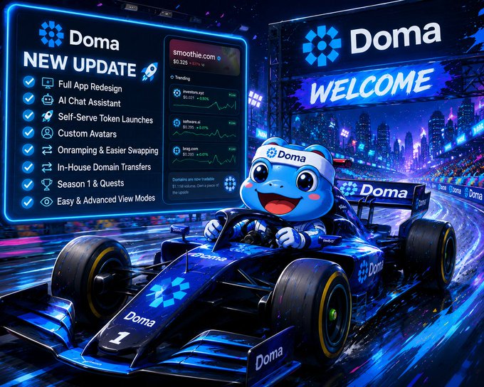 A promotional graphic for 'Doma' featuring a 'NEW UPDATE' checklist (Full App Redesign, AI Chat Assistant, etc.) alongside a cartoon mascot in a blue racing car and a 'WELCOME' sign.