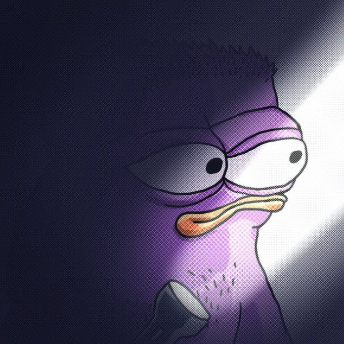 A close-up illustration of a purple duck with wide, intense eyes and a flashlight beam cutting through darkness, evoking a sense of anticipation or discovery. The mysterious, searching vibe of the duck reinforces the cryptic "$DAK is coming" teaser, suggesting something significant is about to emerge from the shadows.