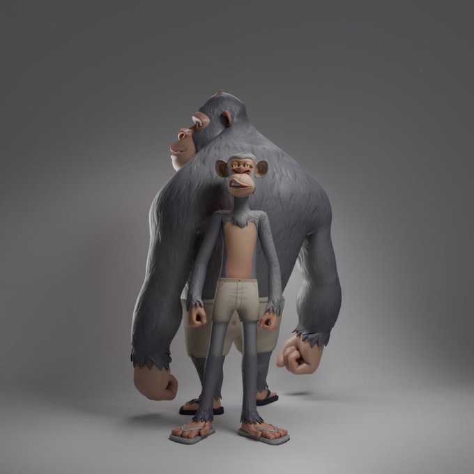 A 3D render of two stylized monkey/gorilla characters - a smaller one in front wearing shorts, and a larger gorilla standing behind it - on a gray background.