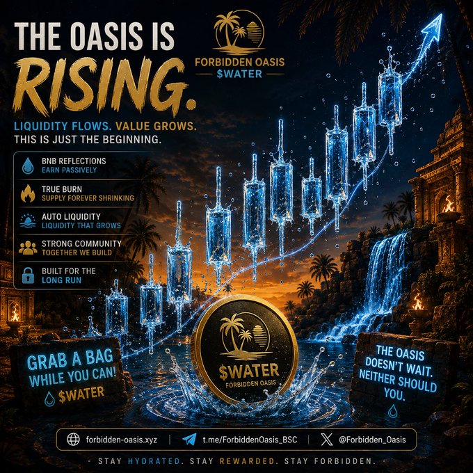A promotional graphic for 'Forbidden Oasis $WATER' token features the slogan 'THE OASIS IS RISING' with details about BNB reflections, true burn, auto liquidity, and community, illustrated with rising water charts and a golden coin.