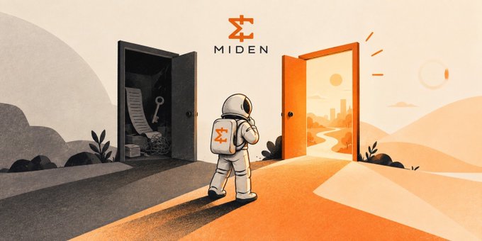 An illustration showing a person in a spacesuit with a backpack choosing between a black door containing papers/keys and an orange door leading to a bright landscape, with the text "MIDEN" and its logo at the top.