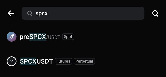 The image shows a phone screen with a search bar, where two different cryptocurrency tokens are displayed next to each other. The first token appears to be the former $preSPCX, while the second token has been renamed "preSPCX.USDT Spot". Both tokens have experienced changes in their token split and price adjustment, but there is no indication of any fundamental shifts in these attributes. Additionally, the total position value remains unaltered across both tokens, suggesting that this interaction might be related to a discussion or comparison about the previous $preSPCX token with its current counterpart "preSPCX.USDT Spot".