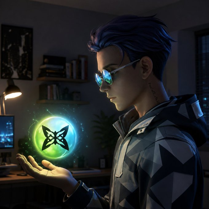 The image features a man wearing glasses and a jacket who appears to be holding a butterfly-shaped object or crystal ball, possibly a digital illustration of a butterfly. The caption reads "We've been a lot of mints coming up with NFT szn, and @quipnetwork seems early with Quantum Echoes powered by real quantum randomness with only 1000 Eigen Keys exist in the collection, mostly earned through ecosystem activity." This suggests that the man is involved in an online marketplace or digital art project related to butterflies.