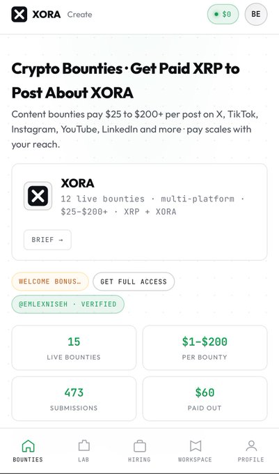 A mobile app screenshot for 'XORA' titled 'Crypto Bounties · Get Paid XRP to Post About XORA', showing 15 live bounties and payout statistics.