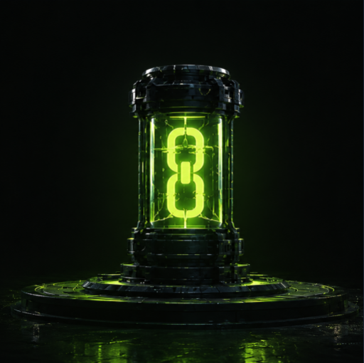 A glowing green cylindrical container or pod with chain link symbols inside, set in a dark, sci-fi environment.