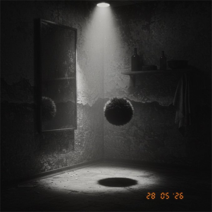 The image shows a dark room with a mirror hanging above a shelf, which has various bottles on it. The clock displayed on the wall indicates that it's 2:55 pm. The scene appears to be captured at night or during a power outage, as there is no visible light source in the room.