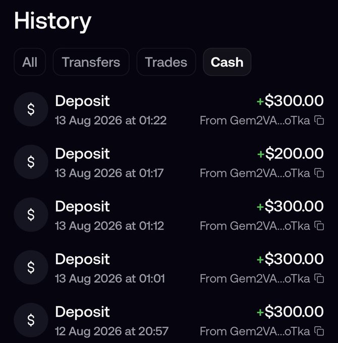 A 'History' screen showing five 'Cash' deposits of $300, $200, $300, $300, and $300 between August 12-13, 2026, all received 'From Gem2VA...oTka'.