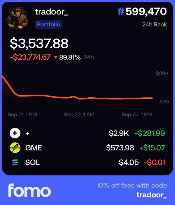 A portfolio screenshot from fomo showing user 'tradoor_' ranked #599,470 with a portfolio value of $3,537.88, down 89.81% ($23,774.67) over 24 hours, holding assets including +, GME ($573.98), and SOL ($4.05).