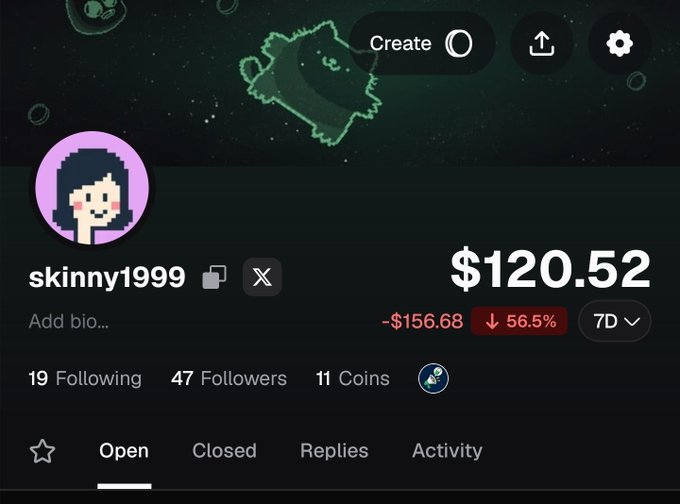 Screenshot of user profile 'skinny1999' showing a portfolio value of $120.52 with a 7D loss of -$156.68 (-56.5%), 19 Following, 47 Followers, and 11 Coins.