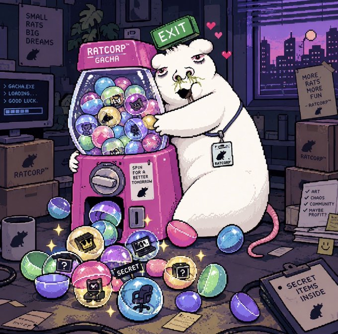 A colorful cartoon illustration of a sad polar bear using a pink "RATCORP GACHA" machine, surrounded by scattered gacha balls with "SECRET ITEMS INSIDE."