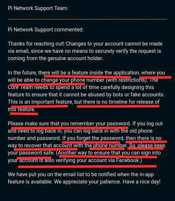Screenshot of a Pi Network Support Team email explaining that account changes cannot be made via email, a phone number change feature is being developed, and warning that forgotten passwords cannot be recovered—supporting the post's reminder for Pi pioneers to reset their passwords now before this restriction affects them.
