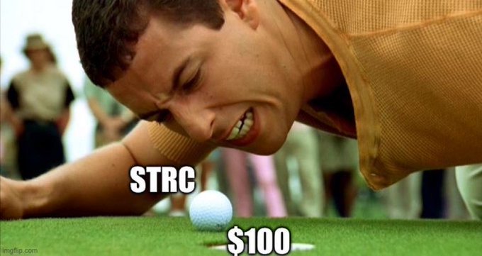 A meme featuring Adam Sandler intensely focused on a golf ball, with the labels "STRC" near his face and "$100" near the ball.