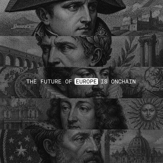 A black-and-white collage of engraved historical European figures (including what appears to be explorers, monarchs, and statesmen) and architectural landmarks like aqueducts, castles, and cathedrals, overlaid with the text "THE FUTURE OF EUROPE IS ONCHAIN."

The image reinforces the post's message by visually tying Europe's long history of innovation and civilization-building to the next frontier of monetary and technological progress—onchain finance.