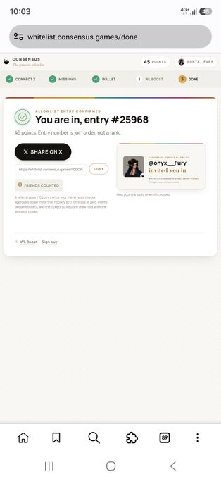 A screenshot of a whitelist.confensus.games/done page showing a successful whitelist entry confirmation with "You are in, entry #25968" and 45 points earned. The page includes a referral link and a $onyx_Fury NFT profile, confirming the user's registration for the Consensus Games whitelist that was advertised in the accompanying post.