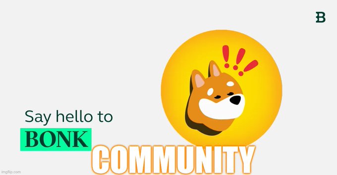The image features a Shiba Inu dog illustration on a yellow background alongside the text "Say hello to BONK" and "COMMUNITY," promoting the BONK cryptocurrency's community in a friendly, approachable style.