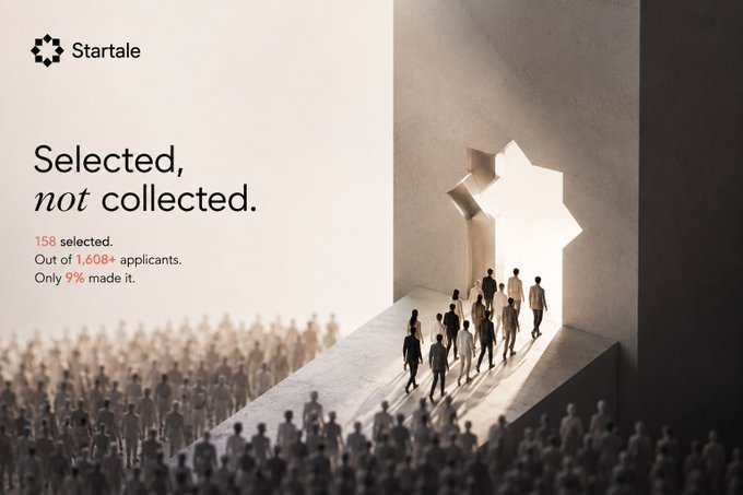 Startale promotional graphic featuring a star-shaped doorway with people walking through, stating 'Selected, not collected. 158 selected. Out of 1,608+ applicants. Only 9% made it.'