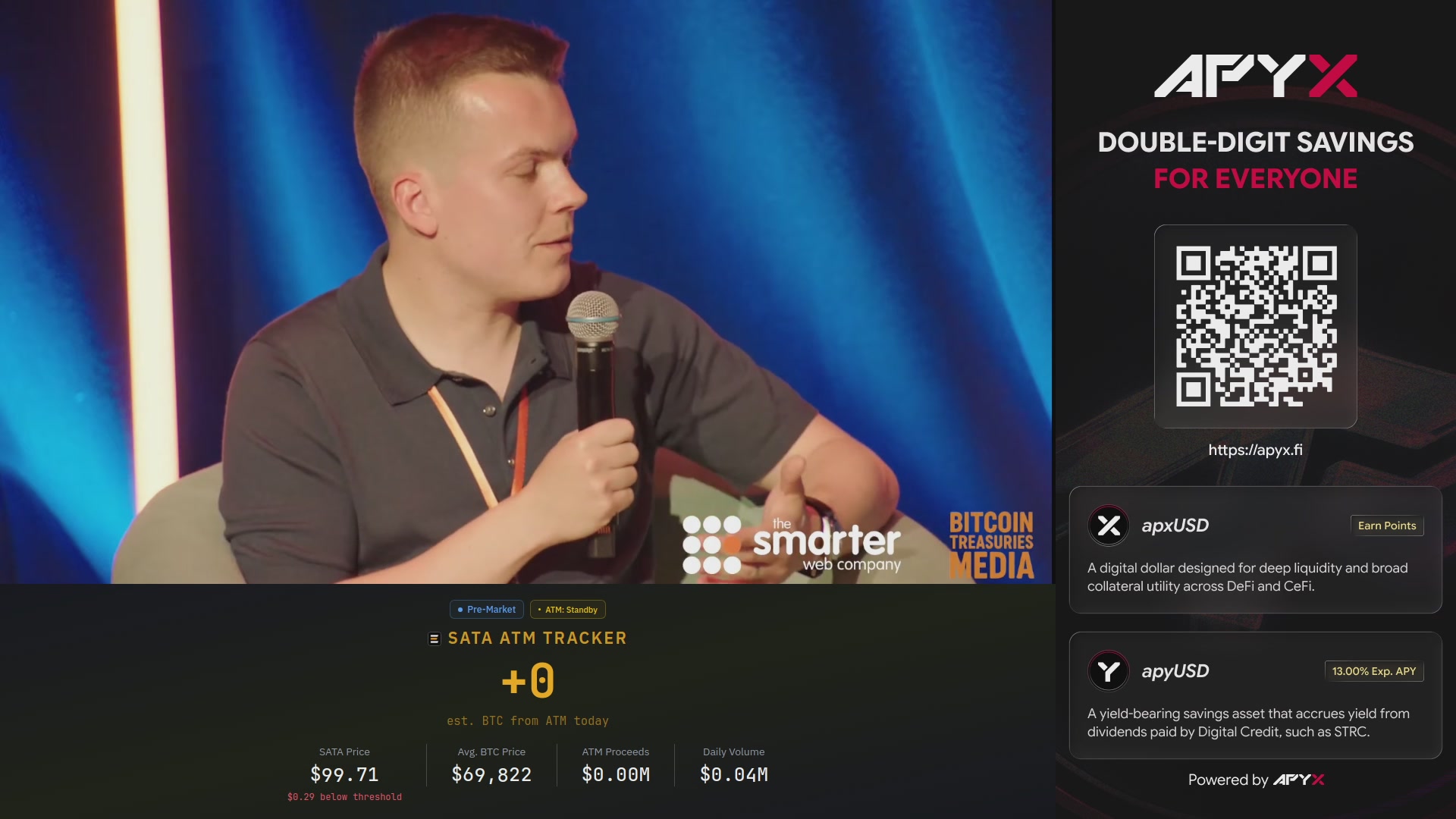 The image shows a man sitting at a desk with a microphone, holding it up as if he's speaking into it. The background of the image is blue, which contrasts with the man's gray shirt. There are two buttons visible on his shirt, one near the collar and another closer to the center. In front of him, there is a screen displaying information about BitCoin trading platforms.