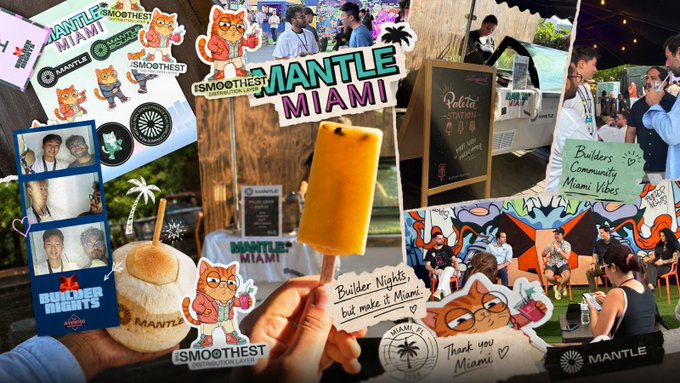 The image features a collage of various stickers, including one with the words "Mantle Miami", which suggests that the photo might be related to Mantle's official website or social media presence. The collage also includes images of ice cream cones, people enjoying their time at an event, and other elements such as a hand holding up a stick figure and a person taking a picture. The overall theme of the image seems to revolve around the Miami area and its attractions, with stickers representing different aspects of the city's culture or lifestyle.