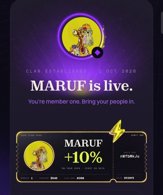 A digital interface for a clan named 'MARUF' established 1 October 2026, featuring a character avatar, an invite code 'nWfbMkJu', and offering +10% on Zaps for the first 28 days.