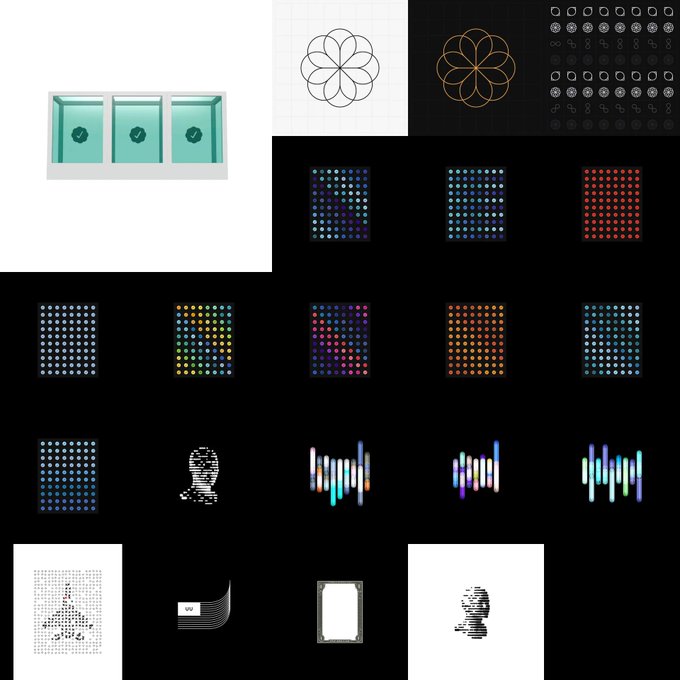 A collage of various digital design elements, icons, glowing dot matrix patterns, sound waves, and abstract graphics.