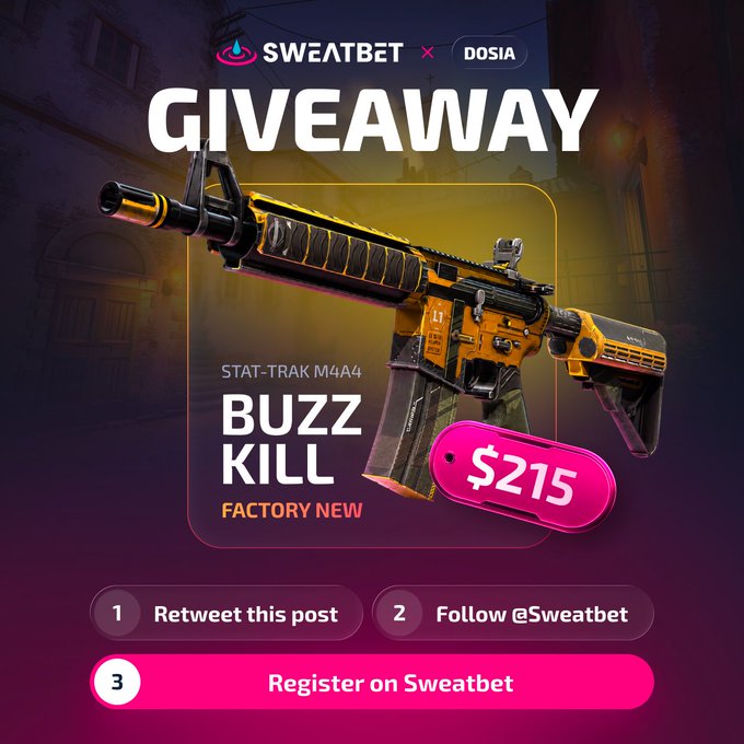 A promotional giveaway graphic featuring a Stat-Trak M4A4 "Buzz Kill" Factory New skin valued at $215, co-branded by Sweatbet and Dosia. The image outlines three entry steps—retweeting, following @Sweatbet, and registering on Sweatbet—to win the CS:GO weapon skin.
