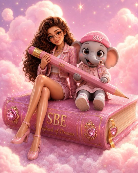 A 3D-rendered illustration shows a girl with curly hair and glasses sitting with an elephant character on a giant pink book labeled 'SBE' and 'S[to]rybook of Dreams' amid pink clouds.