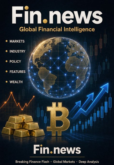 'Fin.news' branded poster for 'Global Financial Intelligence' featuring a glowing networked globe, gold bars, a Bitcoin symbol, and an upward chart, listing categories: Markets, Industry, Policy, Features, Wealth.