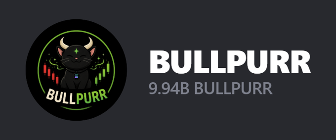 A promotional graphic for the BULLPURR token displays a black cat with horns and a glowing green cross over its eye, set against candlestick charts, with the ticker "BULLPURR" and a circulating supply of "9.94B BULLPURR" listed beside the logo—serving as the visual giveaway asset for the airdrop described.