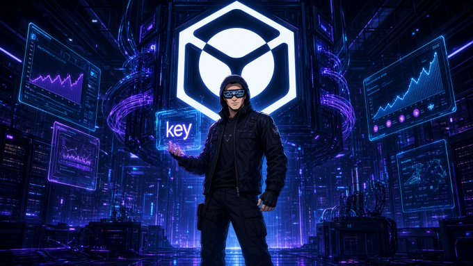 A futuristic cyberpunk figure in a black hoodie and VR glasses stands in a neon-lit digital city, holding a holographic blue cube labeled 'key' with a large hexagonal logo floating behind them.