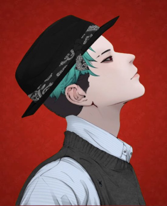 An anime-style profile illustration of a character with green hair wearing a black hat and vest against a red background.