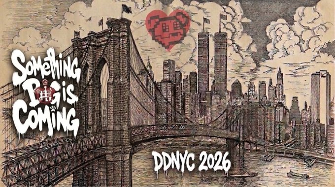 An illustrated artwork showing a vintage-style view of the Brooklyn Bridge and New York City skyline with the text 'Something Big is Coming' and 'DDNYC 2026' alongside a pixelated red heart.