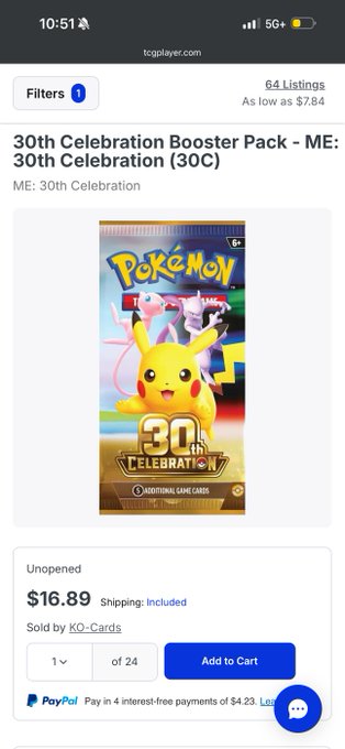 A mobile screenshot of the TCGplayer.com website displaying a listing for a '30th Celebration Booster Pack - ME: 30th Celebration' priced at $16.89 from KO-Cards.