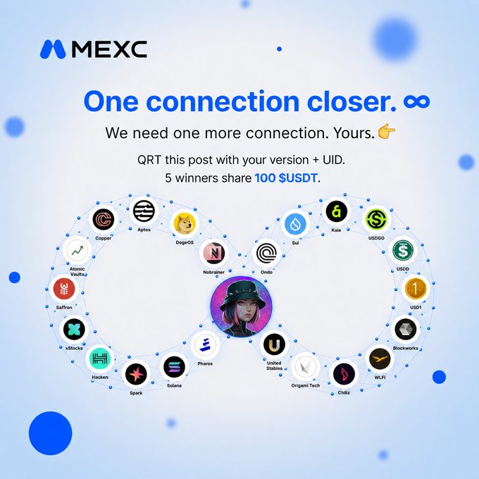 A promotional post from MEXC cryptocurrency exchange titled 'One connection closer. ∞' featuring an infinity-shaped network of cryptocurrency logos surrounding a central avatar, asking users to QRT with their version and UID for a chance to share 100 $USDT among 5 winners.