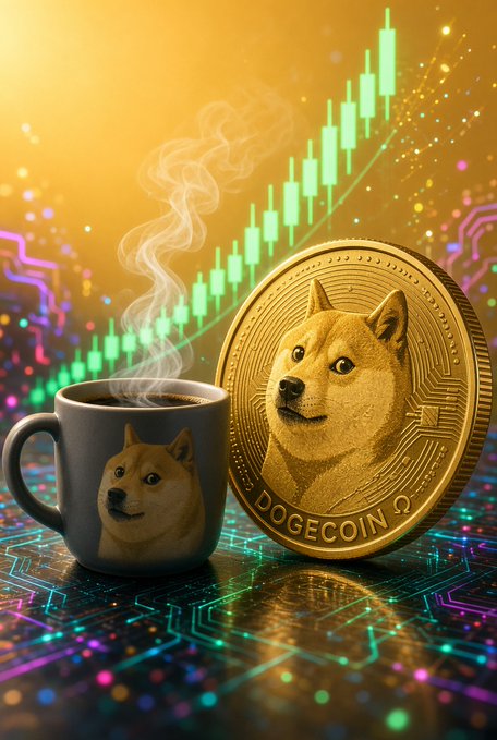 A digital illustration of Dogecoin featuring a Shiba Inu dog on a gold coin and a coffee mug, set against a circuit board background with green candlestick charts.
