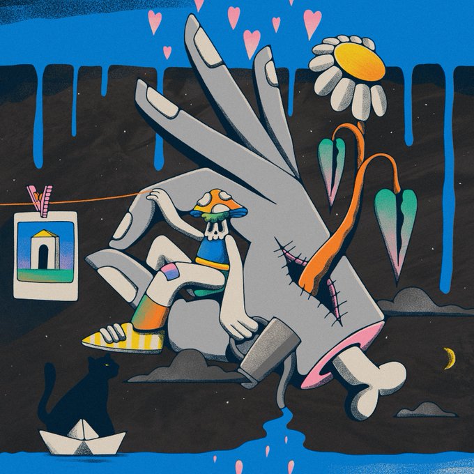 A whimsical, surreal illustration features a stitched-together figure with a mushroom cap and rabbit ears emerging from a giant hand, surrounded by dripping blue paint, a daisy, hearts, and a small black cat in a paper boat, evoking themes of fragility and release that align with the piece's title "Letting Go" — a 1/1 NFT minted on Transient Labs for 0.11 ETH.