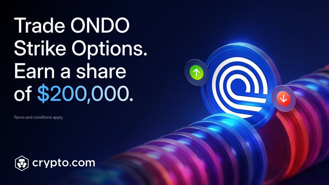 A crypto.com promotional graphic featuring a stylized ONDO coin with up and down arrows against a blue and red neon background, with the headline "Trade ONDO Strike Options. Earn a share of $200,000." The image visually reinforces the ONDO Strike Options trading competition, highlighting the $200,000 prize pool in USDC for eligible users.
