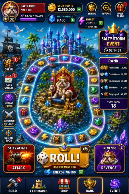 A mobile game interface titled "Salty King" featuring a bulldog mascot on a throne surrounded by treasure and dice, displaying a $12,580,000 SALTY POINTS balance, 8,450 crystals, and a leaderboard ranking user "PirateLord89" at #1 with 125,430 points, alongside a prominent "ROLL!" button for a "Salty Storm Event" countdown—visually promoting the upgrade of the $SALTY play-to-earn ecosystem with features like Dice Raid, Spin the Wheel, and Daily Raids.