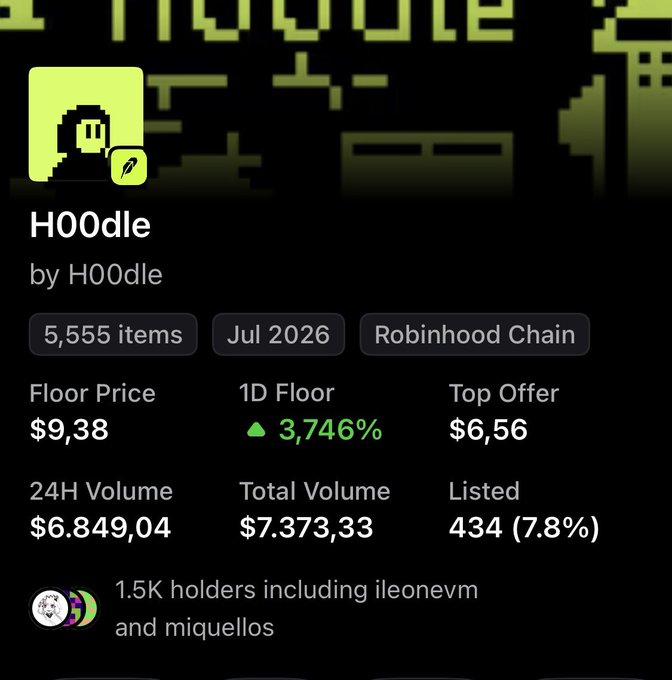 Cryptocurrency/NFT marketplace page for 'H00dle' on the Robinhood Chain, showing a floor price of $9.38, 1D floor up 3,746%, top offer of $6.56, and 24H volume of $6,849.04.