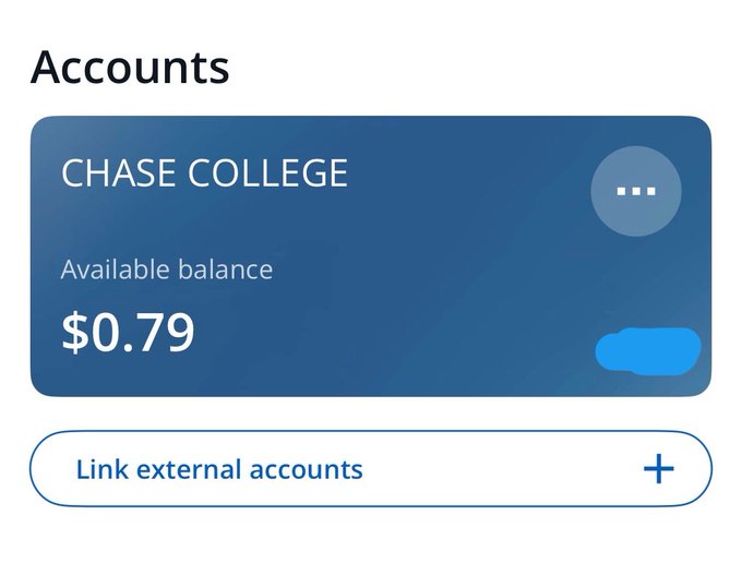 A screenshot showing an account balance of $0.79 in a Chase College account, humorously illustrating the post's joke about how 79 cents might as well be a million dollars given how little money college students have.
